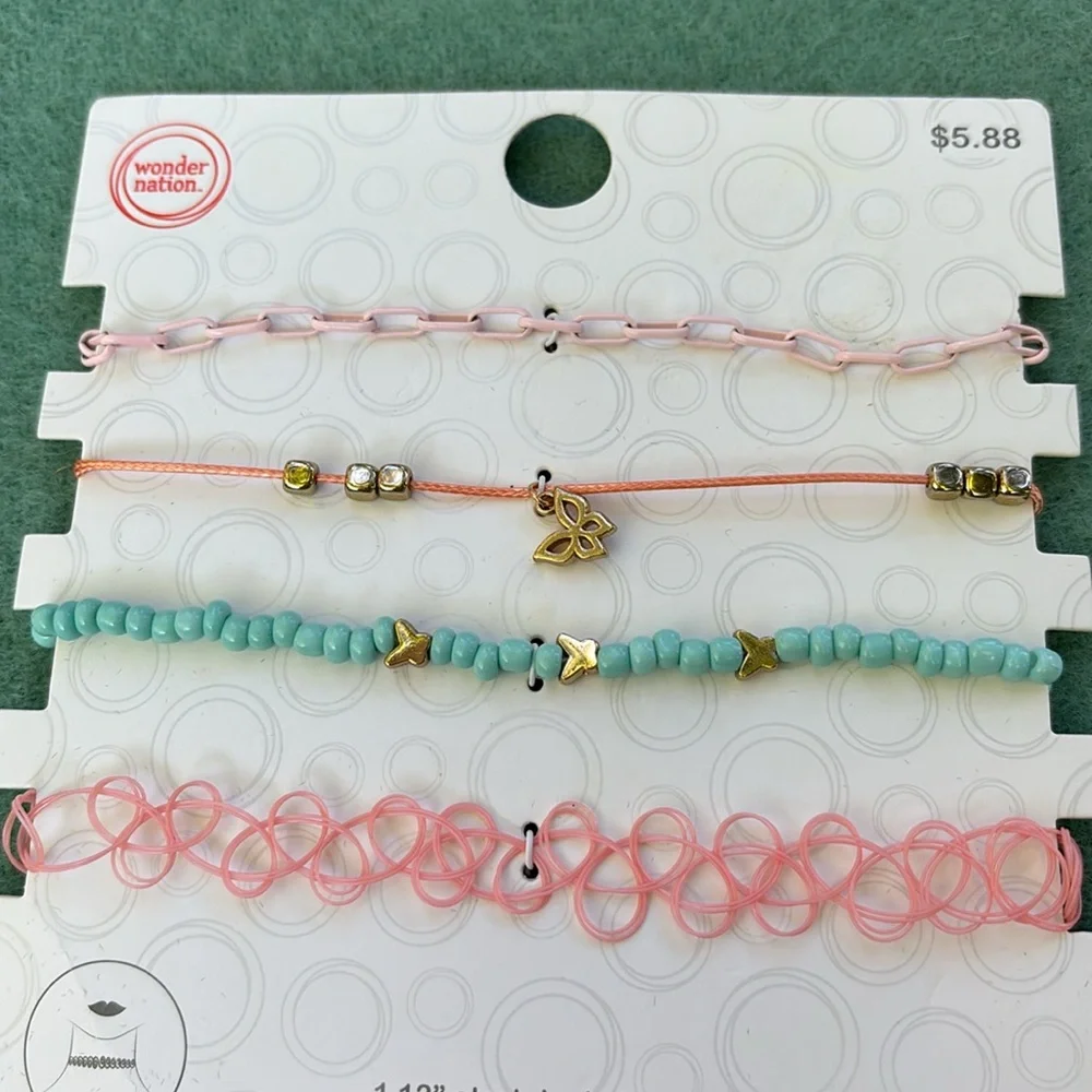 NWT Wonder Nation Pink and Silver Necklace Set 1 12” Stretch Choker 3 Extenders